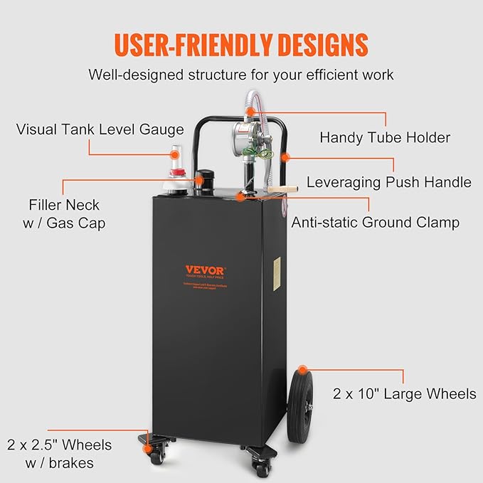 VEVOR Fuel Caddy, 35 Gallon, Gas Storage Tank on 4 Wheels, with Manual Transfer Pump, Gasoline Diesel Fuel Container for Cars, Lawn Mowers, ATVs, Boats, More, Black