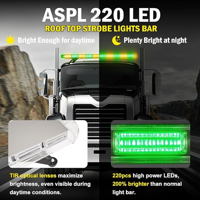 ASPL 46 inch 220 LED Rooftop Low Profile Strobe Light Bar Emergency Warning Beacon Car Hazard Flashing Construction Roof Lights Bars for Trucks Tow Automotive Construction Vehicle (Amber/Green