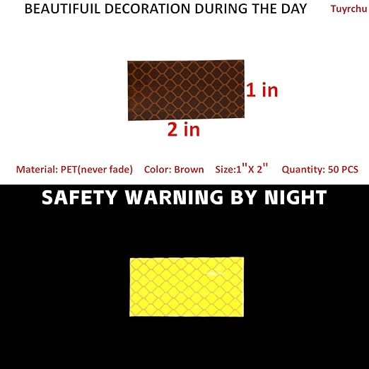 Non Fading Brown Reflective Stickers 1 inch X 2 inch, Outdoor Waterproof High Visibility Warning Safety Adhesive Reflector Tape (50 Pcs)