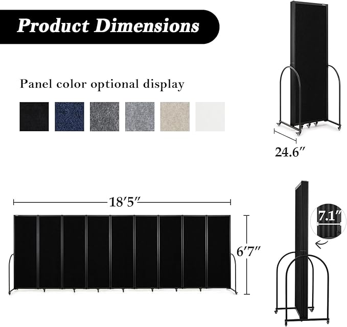 Folding Room Partition,Privacy Room Screen with Arms,Office Dividers Partition Wall,18'5"L* 6'7"H,Black