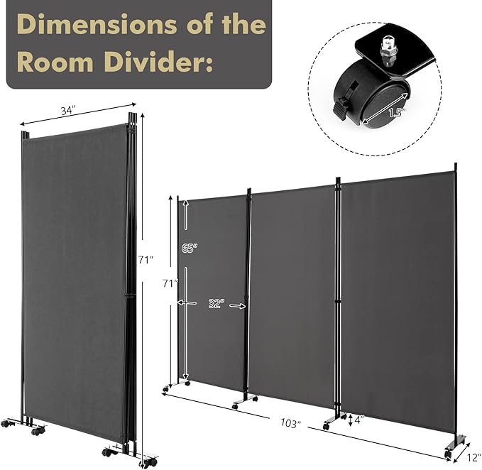 Giantex 3 Panel Room Divider with Wheels, 103''W x 71''H Folding Privacy Screen, Rolling Partition Room Dividers for Home Office Studio, Freestanding Fabric Wall Divider for Room Separation, Gray