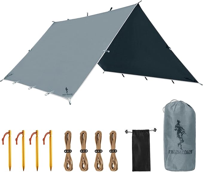 FREE SOLDIER Camping Tarp Waterproof Portable Multifunctional Outdoor Traveling Awning Backpacking Shelter Rain Tarp (Blue Gray 10×10.5ft)