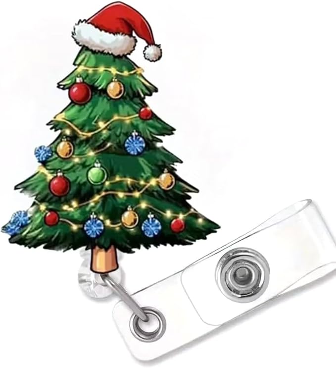 Christmas Tree Badge Holder Christmas Badge Reel Xmas Tree Badge Reels with Light String Hat Design Retractable ID Name Badge Alligator Clip for Nurse Student Teacher Office Decoration Party Favors