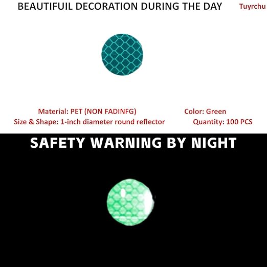 Non Fading Green Reflective Stickers 1-inch Diameter Round Reflector, Outdoor Waterproof High Visibility Warning Adhesive Tape (100 Pcs)