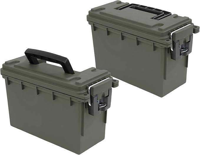 Sheffield 12791 2-Pack Ammo Storage Box, Stackable .30 Cal Field Boxes, Water and Dust Resistant, Lockable Storage Box with Handle, Secures Hunting Gear, Supplies, and Bullets, Made in USA, Green