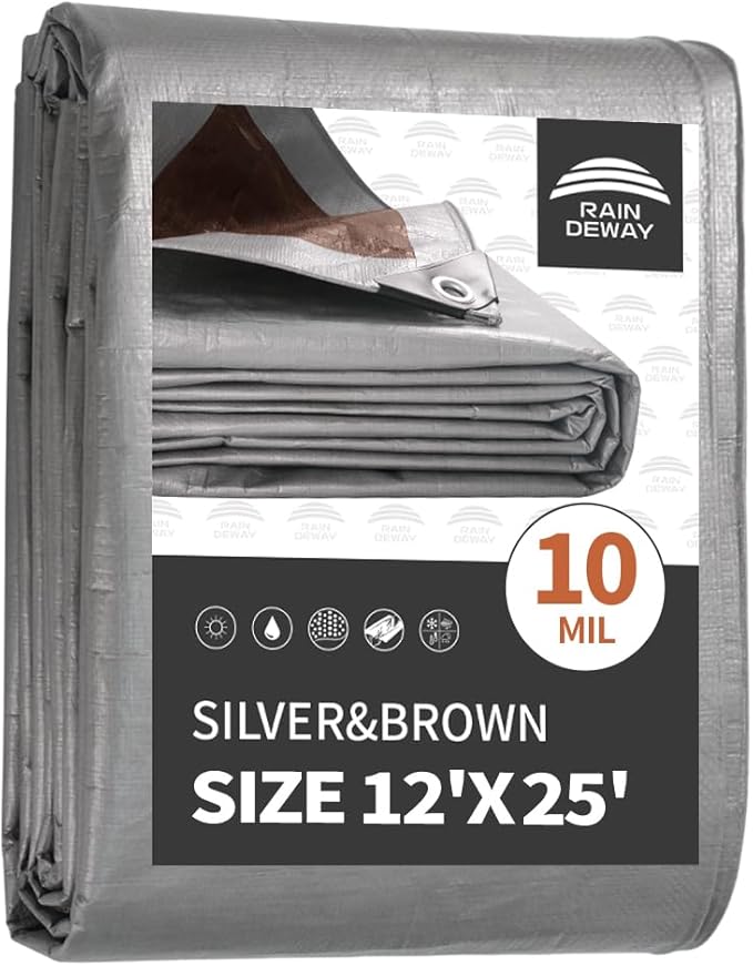 RAINDEWAY Tarps Heavy Duty Waterproof 12x25 Feet,10Mil Thick Multipurpose Poly Tarp Cover with Metal Grommets and Reinforced Edges,Silver/Brown Tarp