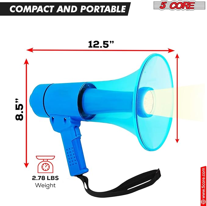 5 CORE Megaphone 50W Waterproof Bull Horn PA Speaker w 800 Yards Range Flashlight Loud Siren Voice Amplifier Lightweight Portable Megafono for Outdoor Sports Cheerleading and Coaches - HW 18 WP