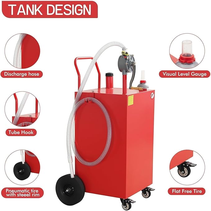 50 Gallon Fuel Caddy With Wheels - Heavy Duty Steel Gas Can With Hand Pump - Portable Fuel Transfer Tank for Gasoline, Diesel, Kerosene - Wide Mouth Design for Construction, Farm, ATV, Generator
