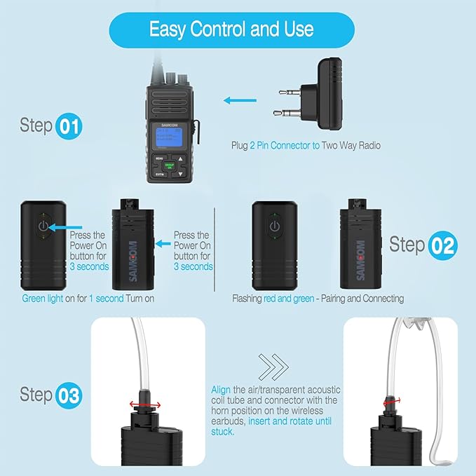 SAMCOM BTEAR01 Wireless Earpiece with Clear Airtube Tube 2 Pin Dongle for Two-Way Radios, FPCN30A/FPCN10A Wireless Headset Earphone with Mic 2-Pin K Plug, Radio NOT Included