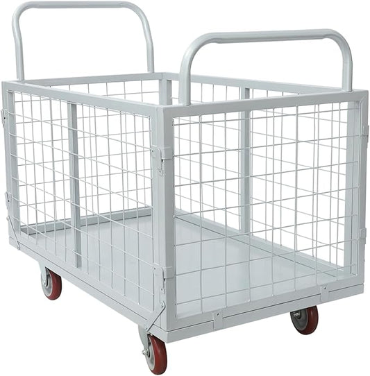 Platform Truck Cart with Cage, 4 in 1 Mutipurpose Handcart with Wheels, 1800lbs Capacity Heavy Duty Push Cart Dolly Foldable Flatbed Cart for Workshops Warehouses Supermarkets
