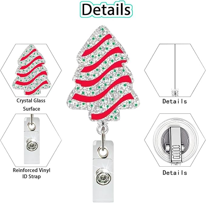 Christmas Badge Holder Sparkly Christmas Tree Badge Reel Cute Acrylic Xmas Badge Reels Retractable ID Name Tag Badge Alligator Clip for Nurse Student Teacher Office Decoration Holiday Party Favors