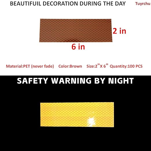 Non Fading Brown Reflective Stickers 2 inch X 6 inch, Outdoor Waterproof High Visibility Warning Safety Adhesive Reflector Tape (100 Pcs)