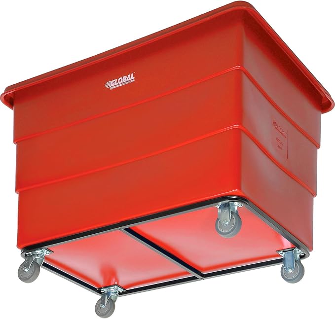 Global Industrial 20 Bushel Plastic Bulk Box Truck, Steel Chassis Base, 1200 lbs. Capacity, 4" Non-Maring Rubber Casters, Red, 50-2/5"L x 34-3/5"W x 35-3/5"H