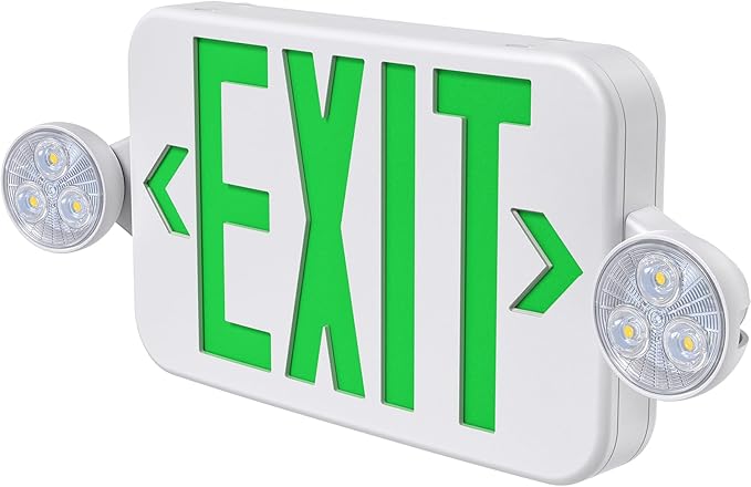 Led Exit Sign Emergency Light Combo Adjustable Two Head,Double Sided and Battery Backup Exit Light,Green Letter Hardwired Emergency Exit Sign,AC 120/277V,UL Listed,Ceiling&Wall Mount (1 Pack)