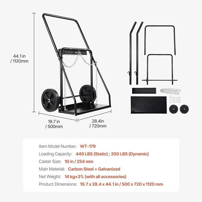 VEVOR Dual Welding Cylinder Cart, Oxygen Acetylene Tank Cart with 440LBS Static Weight Capacity, 10-Inch Solid Wheels and Tank Storage Safety Chains, Suitable for Double 12.5-Inch Dia. Gas Cylinders