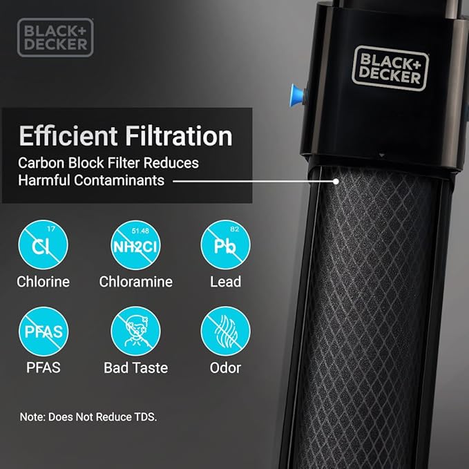 BLACK+DECKER Undersink Water Filter 10’’ | Reduces CHLORAMINE,Chlorine, Lead, PFAS, Bad Taste, Odor | Under Counter Water Filter Direct Connect to Kitchen Faucet | NSF/ANSI 42 Certified | 1 year