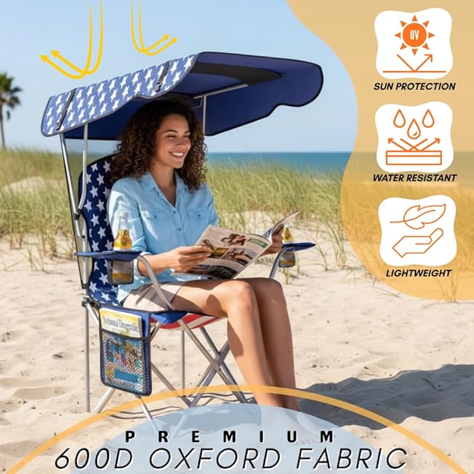 Portable Folding Camping Chairs with Canopy Shade, Beach Chair for Adults, Durable Weather Resistant 600D Oxford Cloth, Camping Chair with Canopy for Outdoors [Flag]