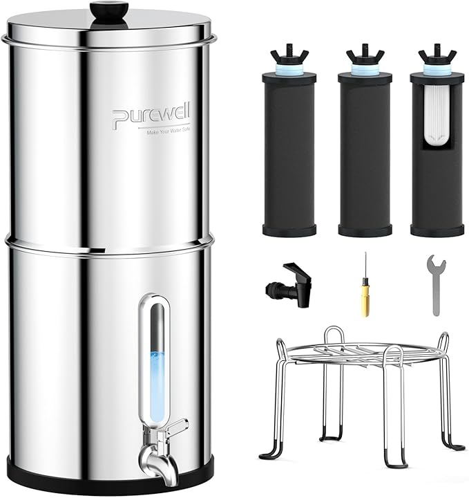 Purewell 4-Stage Ultra-Filtration Gravity-fed Water Filter System with 3 Filters, 304 Stainless Steel Countertop System with Water Level Window, Reduce Fluoride and Chlorine, 2.25G, PW-KS-3F