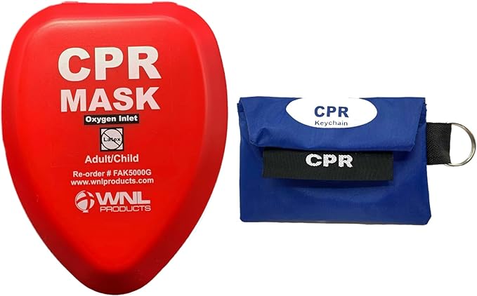 WNL Products FAK5000G-BUNDLE Adult/Child CPR Rescue Mask Kit with CPR Keychain - Hard Case CPR Mask with One-Way Valve, Gloves, Antiseptic Wipe, and Face Shield Keychain Barrier - Bundle