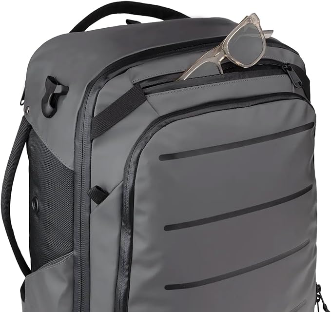 Käydä 44L Travel Backpack - Spacious Carry On Backpack with Detachable Travel Pouch, Magnetic Water Bottle Pocket, Passport and Laptop Pocket - Convertible Boot Bag for Snow Sports (Grey/Black)