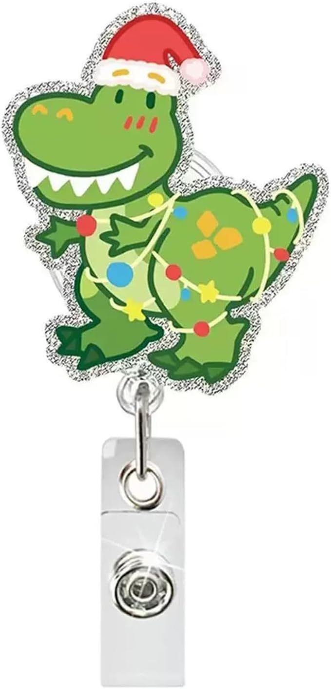 Dinosaur Badge Holder Cute Christmas Retractable ID Badge Reel with Alligator Clip Glitter Dinosaur Light String Acrylic Badge Reels ID Name Tag for Nurse Nursing Office Teacher Xmas Badge Accessories