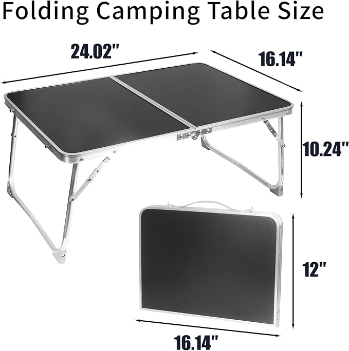KISKIS 2 Fold Ultra Lightweight Folding Camping Tables 2Ft Portable Small Aluminum Outdoor Desk with Carry Handle, 62X42cm(24X17inch) for Picnic Travel,Black