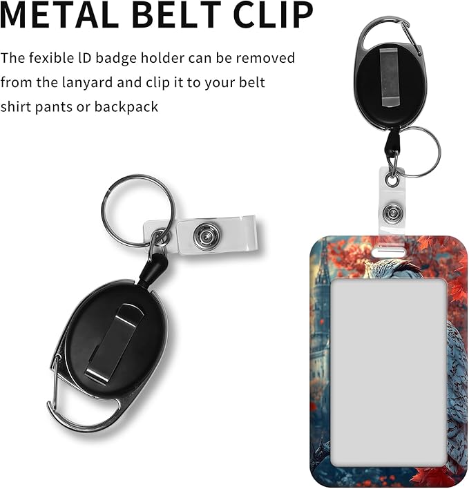 ID Badge Holder with Retractable Lanyard for Women & Men,Vertical ID Card Holder Wallet,Clear Window&Card Slot,Detachable Neck Strap for Nurse Teacher Office,Owl Red Maple Castle