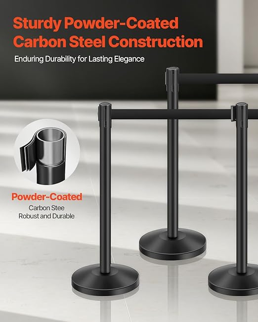 VEVOR Stanchion Post, 6 Pcs Stanchions with Retractable Belts, Carbon Steel Black Stanchions Queue with Sand Injection Hollow Base, Crowd Control Barriers for Theaters, Parties, Weddings, Exhibitions