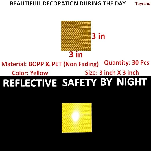 Yellow Reflective Stickers 3 inch X 3 inch, Outdoor Waterproof High Visibility Warning Safety Adhesive Reflector Tape (30 Pcs)