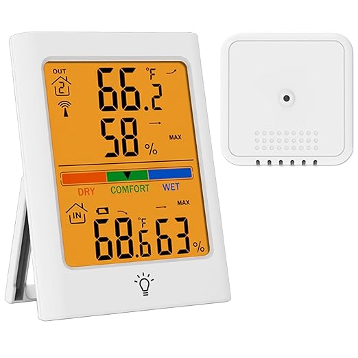 Indoor Outdoor Thermometer Wireless, Digital Temperature Humidity Monitor with 330FT Range Remote Sensor, Automatic Backlight, Comfort Indicator, Max/Min Records for Home, Warehouse (White)