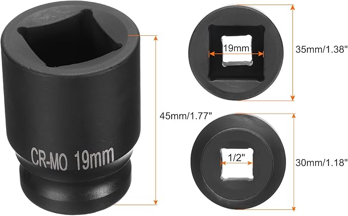 HARFINGTON 4 Point Square Socket 1/2" Drive 19mm Metric Square Impact Socket CR-MO Blackening Standard Wheel Sockets Pneumatic Socket Tool for Auto Repair Mechanical Maintenance Home Use
