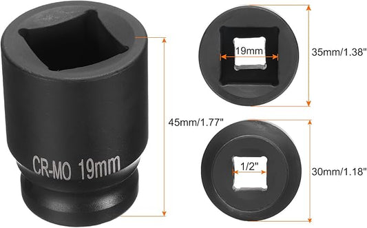 HARFINGTON 4 Point Square Socket 1/2" Drive 19mm Metric Square Impact Socket CR-MO Blackening Standard Wheel Sockets Pneumatic Socket Tool for Auto Repair Mechanical Maintenance Home Use