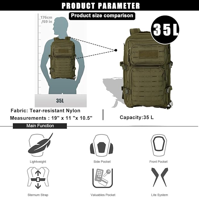 Military Tactical Backpack for Men 35L Small Molle System Water Resistant 3 Day Survival Assault Pack for Bug Out Bag Rucksack Travel Hiking Camping Gym Range Trekking Hunting Sport Work (Green)