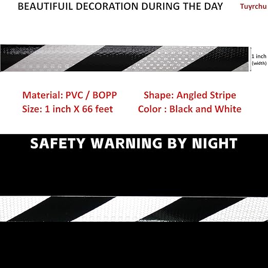 Black White Reflective Tape 1 inch Wide for Trailer, Outdoor Waterproof High Visibility Safety Warning Adhesive Strips (66 feet)