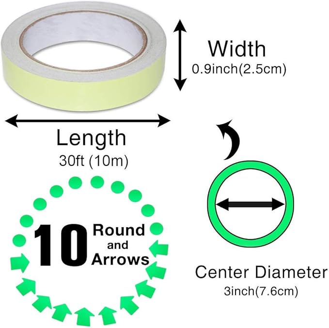 32.8 ft x 1 inch Glow in The Dark Tape - Luminescent Emergency Roll/Luminous Photoluminescent Safety Egress Markers Stairs, Walls, Steps, exit Sign.