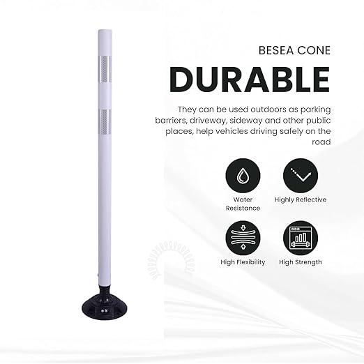 BESEA 8 Pack 36 Inch Traffic Delineator Posts with Reflective Collars White Road Cones,White Durable Flexible Safety Cones for Construction, Parking Lot, and Roadway Use