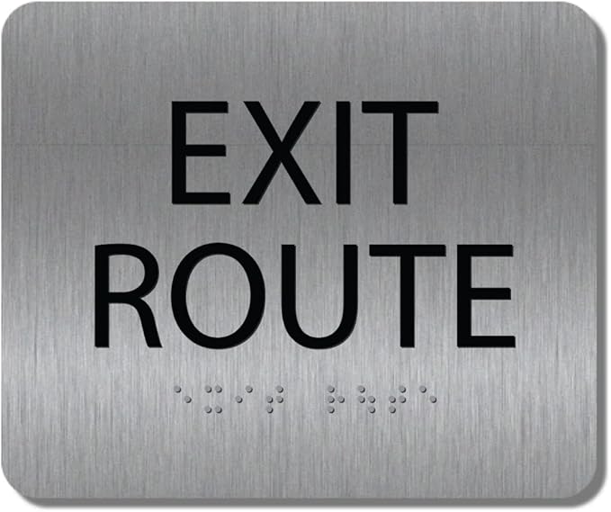 ALPHA DOG ADA SIGNS - Exit Route Sign with Braille for Your Business, 5x6 Inch, ADA Compliant, Indoor or Outdoor, Easy Installation, Made in the USA, Brushed Metal