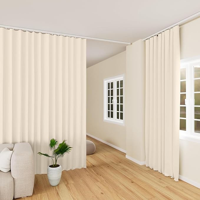 Room Divider Curtains Blackout Ceiling Track Curtain with Hook Wall Mount Sliding Door Curtains Ceiling Mount Extra Wide Curtain Wall Divider for Room Separation (Beige, W150 x H96 Inch)