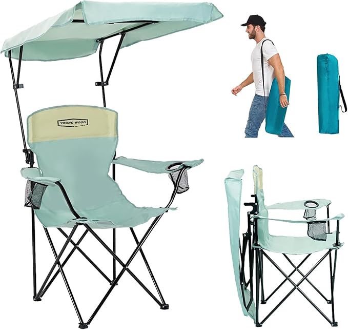 YOUNG WOOD Camping Chair with Canopy, Beach Chair with Shade,Portable,Lightweight Oversized for All, Easy to Open and Close Without Installation, Side Pocket Design for All Outdoor Activities，Blue