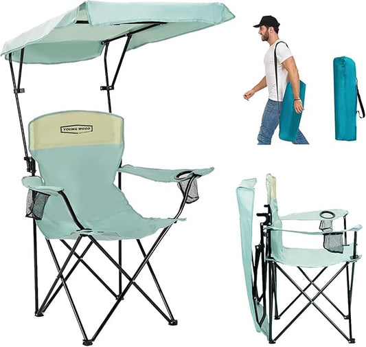 YOUNG WOOD Camping Chair with Canopy, Beach Chair with Shade,Portable,Lightweight Oversized for All, Easy to Open and Close Without Installation, Side Pocket Design for All Outdoor Activities，Blue