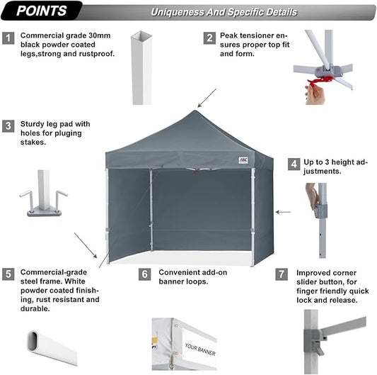 ABCCANOPY Ez Pop Up Canopy Tent with Sidewalls 10x10 Commercial -Series, Dark Gray