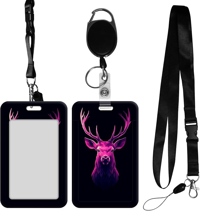 ID Badge Holder with Retractable Lanyard for Women & Men,Vertical ID Card Holder Wallet,Clear Window&Card Slot,Detachable Neck Strap for Nurse Teacher Office,Neon Pink Deer