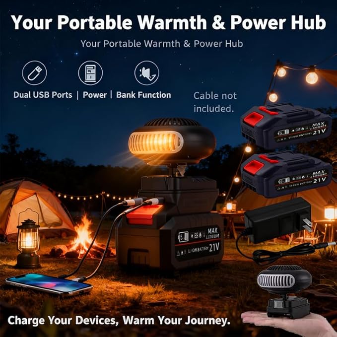 Battery Operated Heater, Battery Powered Heater, Ultra-Light/Ultra-Powerful/Rechargeable/Portable Battery Operated Space Heater, with Dual USB &1500mah Battery, for Camping/Office/Indoor (15-cell*2)