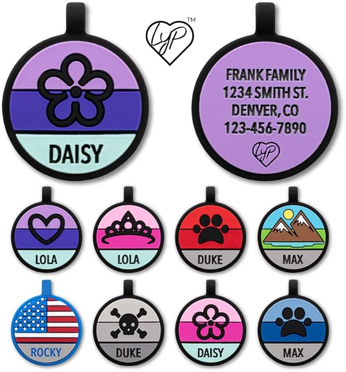 LYP - Our Original Soundless Pet ID Tag - Largest Line of Silicone Dog Tags - No More Jingling Dog Tags -Durable - Never Fades - Customized Deep Engraved Silicone (Flower - Purple)