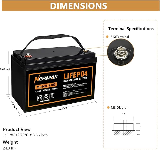 12V 100Ah Lithium LiFePO4 Deep Cycle Battery, 4000+ Cycles Lithium Iron Phosphate Rechargeable Battery for Solar, RV, Marine, Home Energy Storage, Off-Grid Applications Built-in 100A BMS