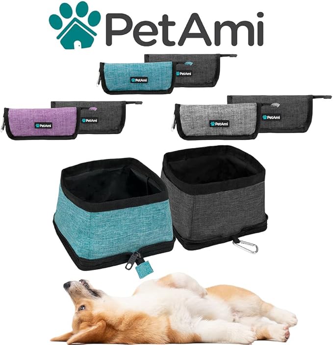 PetAmi Collapsible Dog Bowls 2 Pack, Food and Water Bowls Travel Set, Portable Pet Dish No Spill, Foldable Lightweight BPA Free Leakproof Bowls, Camping Hiking Walking Outdoor Gear Accessories, Gray