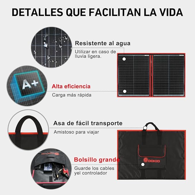 DOKIO 100W Portable Foldable Solar Panel Kit, Compact 18.9x26in Design 5.3lb with Standalone Controller and USB, Monocrystalline Charger for 12V Batteries, Power Stations, RV Camping Emergency Use