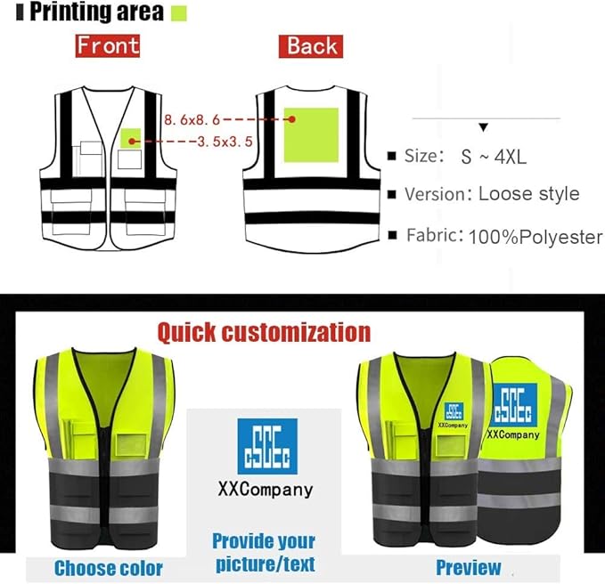 YOWESHOP High Reflective Visibility Safety Vest Custom Your Logo Safety Workwear with Reflective Strips and Front Zipper