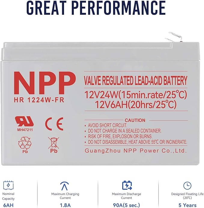 NPP HR1224W F2 12V 6Ah Battery – 12Volt 144Watts 24Watt/Cell Rechargeable AGM Sealed Lead Acid UPS Batteries Replacement for NS1250, High Rate Flame Retardant Alarm Emergency Light Backup