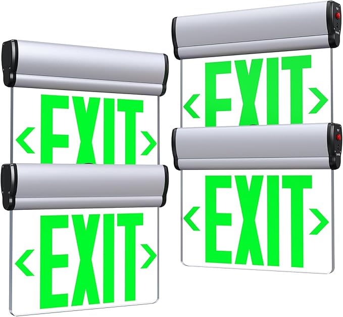 Led Edge-Lit Exit Sign ,Brushed Aluminum Housing Single-Sided Clear Rotating Acrylic Panel,Hardwired Emergency Exit Signs with Battery Backup, 120V-347VAC,Green Led Emergency Exit Light for Business , UL Listed,Top/Side/Wall Mount(4 Pack)